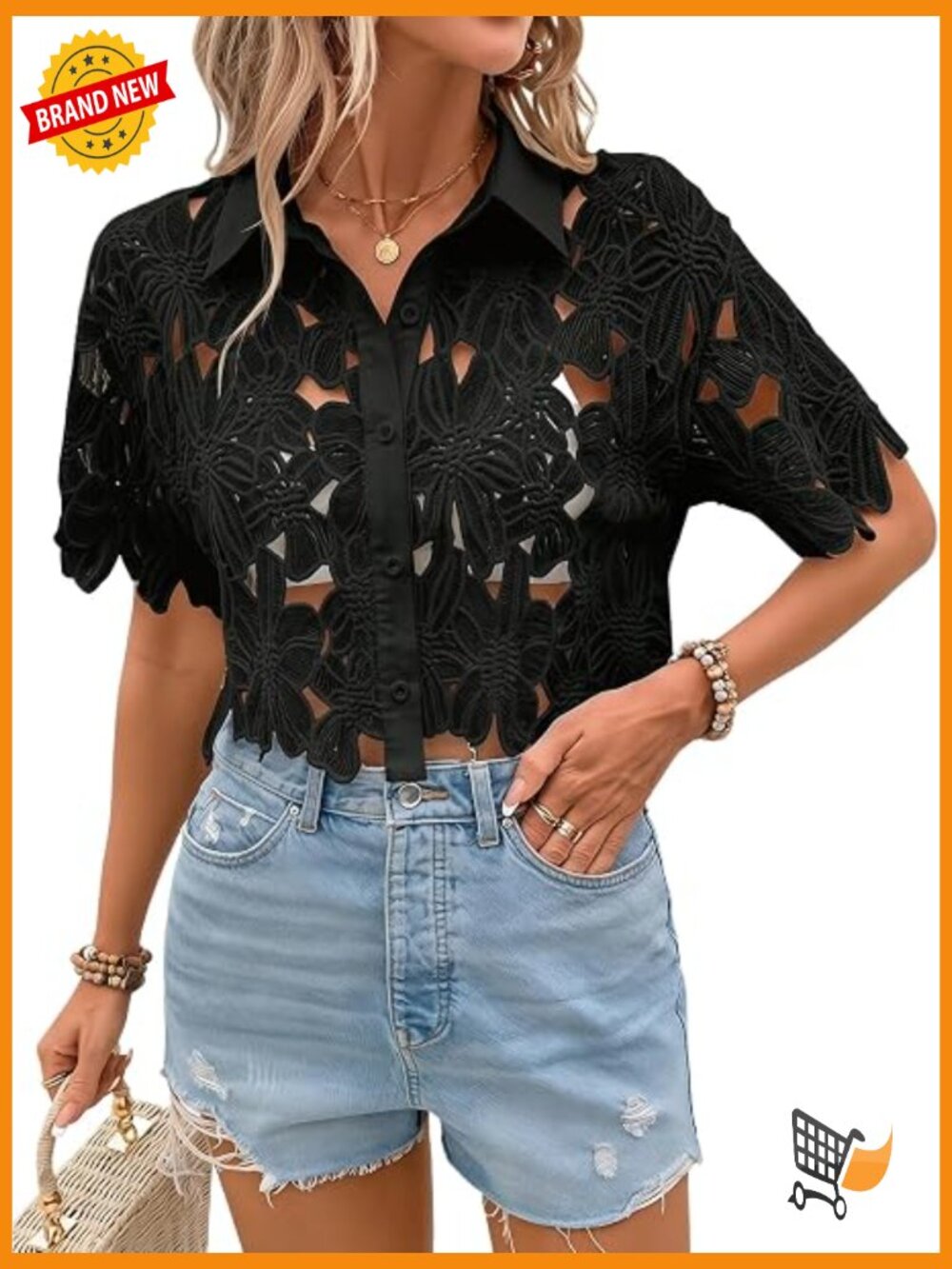 Women's Crop Blouse Lace Hollow Out Short Sleeve Button Down